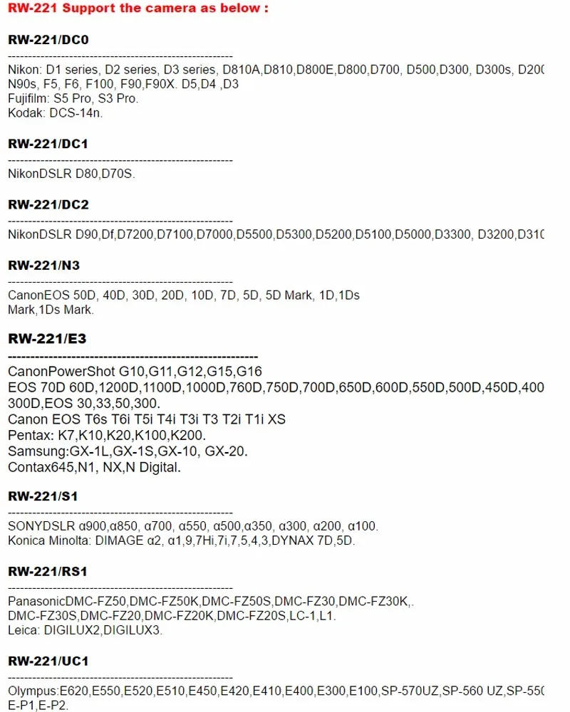 Description Picture 2 of itemPixel RW-221 Wireless Shutter Release Timer Remote Control (DC0 DC2 N3 E3 S1 S2) Cable For Canon Nikon Sony Camera VS TW283 RC-6