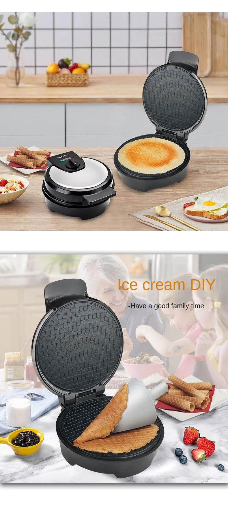 Description Picture 5 of itemRAF Electric Waffle Cone and Sandwich Maker, DIY Egg Roll, Ice Cream Cone Maker for Home Use