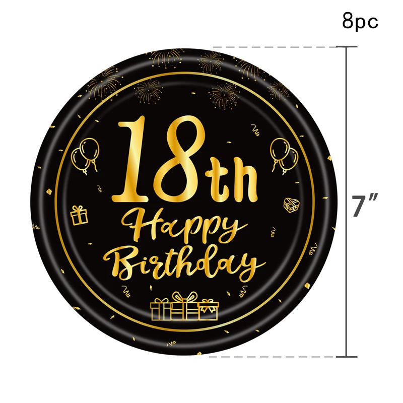 Description Picture 3 of item8Guests 18 Years Old Birthday Disposable Tableware Sets Black Golden 18th Paper Plate Napkin Cup Happy 18th Birthday Party Decor