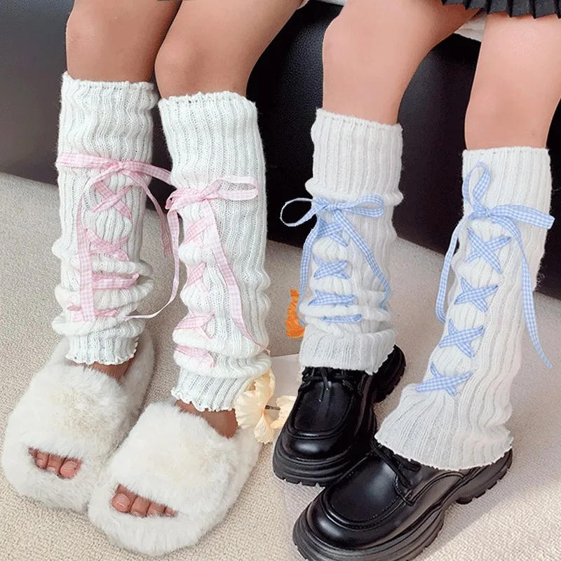 Description Picture 3 of itemWomen Cute Cross Bowknot Lace-up Leg Warmers Y2k Lolita Ballet Style Subculture Knitted Fabric Slimming Warm Slouchy Sock Covers