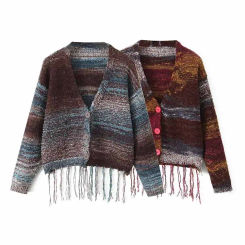 Striped V-neck tassel knitted cardigan jacket for women in early spring, new design, lazy, loose and unique top, short style