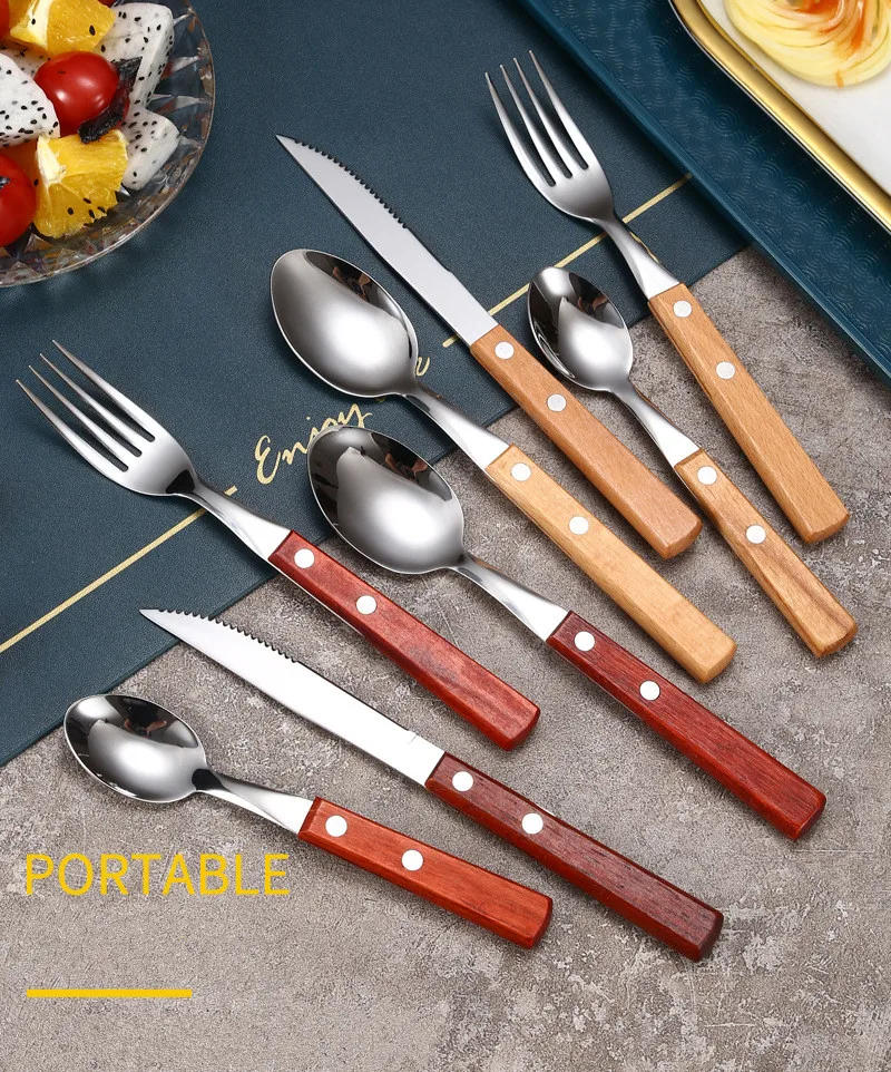 Description Picture 3 of itemWood Handle Dinnerware Set Stainless Steel Knife Fork Spoon Teaspoon with Rivet Flatware Cutlery Set Tableware Utensils for Kitc