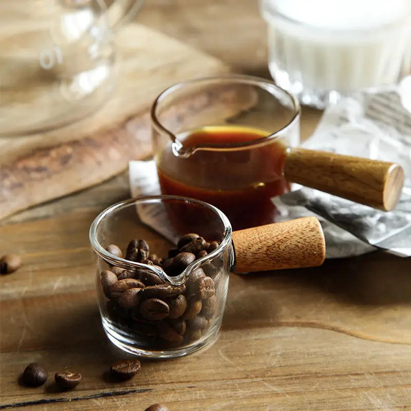 Description Picture 4 of itemYWDL 50/75/100/140ml Wood Handle Glass Espresso Measuring Cup Single Mouth Milk Jug Coffee Supplies Clear Kitchen Measure Mug