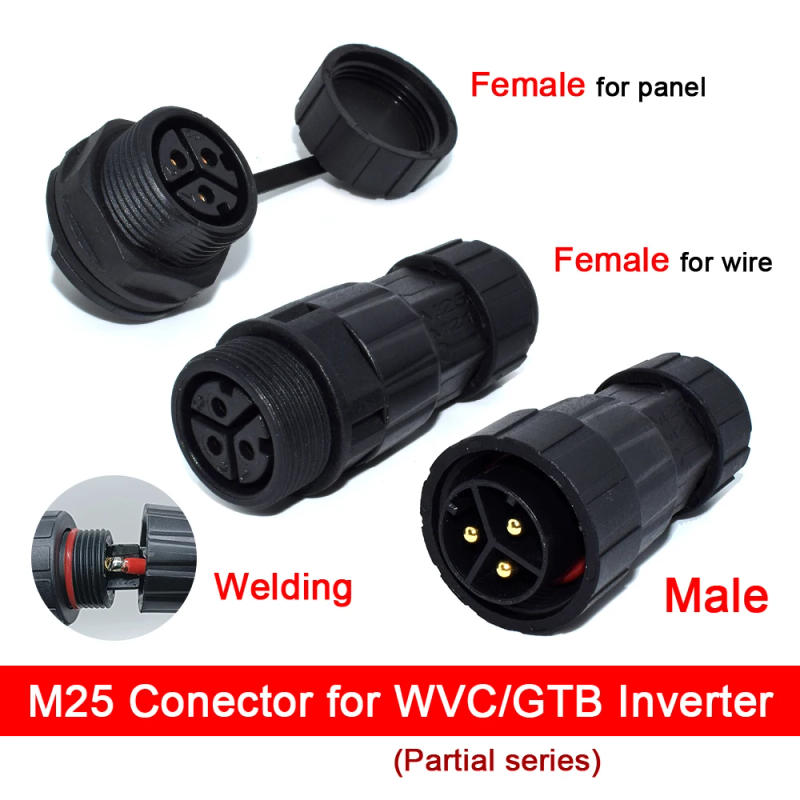 Description Picture 2 of itemM25 Connector Male Female Wire or Panel Mount 3Pin Welding Power Plug Waterproof for WVC600W-2800W Solar Grid Tie Micro Inverter