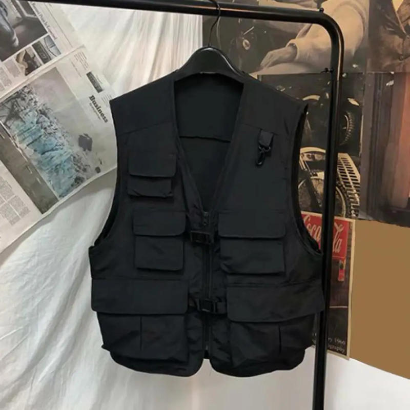 Description Picture 3 of itemMen Casual Vest Coat V-neck Sleeveless Cargo Vest Solid Color Multi Pockets Zipper Buckle Placket Waistcoat Outerwear