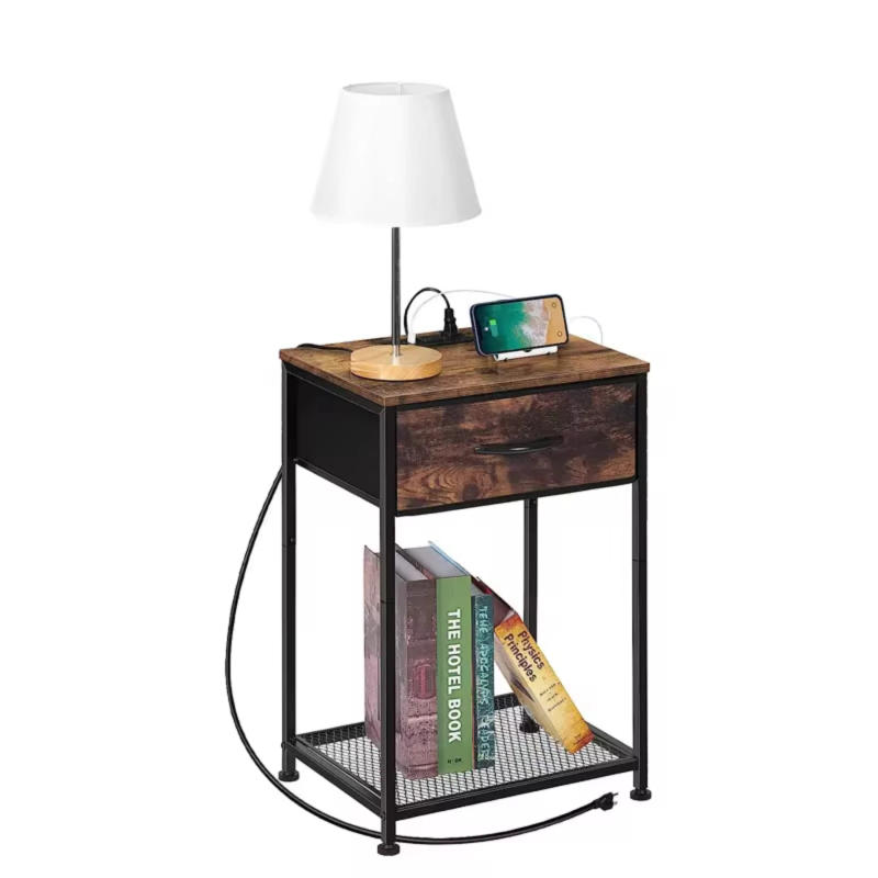 Description Picture 2 of itemNightstand End Table with Charging Station USB Ports Drawer Shelf Brown