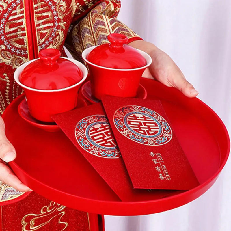 Description Picture 6 of itemNew Chinese Traditional Red Xi Tray Plastic Tea Tray Wedding Toast Tray Snack Tray Fruit Tray Wedding Banquet Festive Supplies