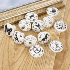 White Printed Ceramic Door Knobs and Handles, Furniture Drawer Knobs, Cupboard Door Handles, Single Hole Cabinet Handles with Sc