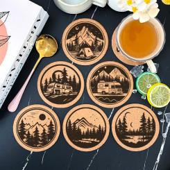 6pcs/Set Round Cork Coaster Engraved Rural Roads Pattern Tea Coffee Mug Drinks Holder for Kitchen Natural Wooden Mat Tableware
