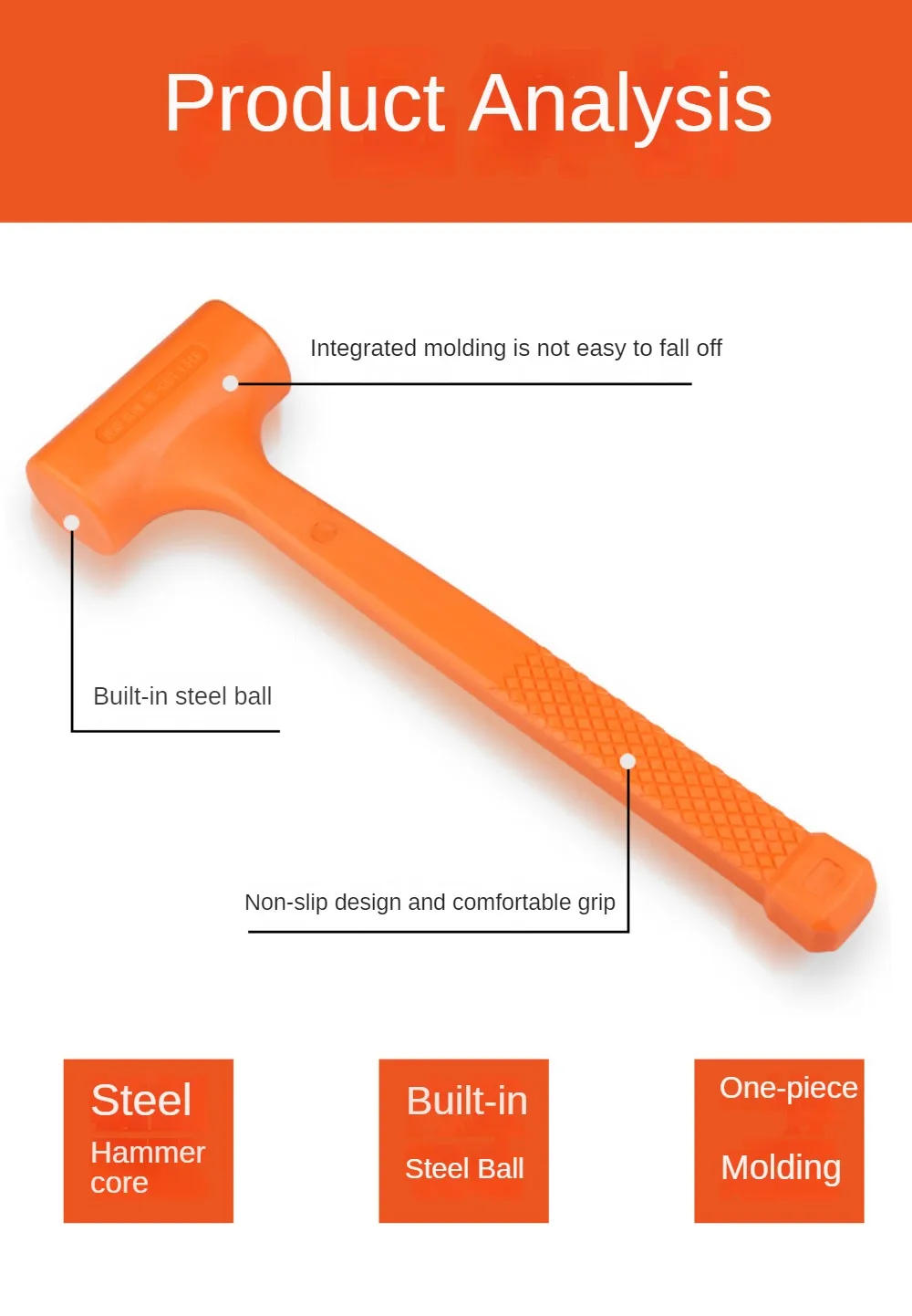 Description Picture 5 of item0.5-4LB Dead Blow Mallet Orange Soft Silent Rubber Unicast Hammer Install Hammer Multifunctional Wood Flooring No Elasticity