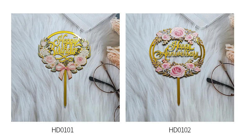 Description Picture 4 of item32 Style Acrylic Mirror Happy Birthday Cake Topper Flowers Butterfly Cake Decoration Home Birthday Party Decor Supplies