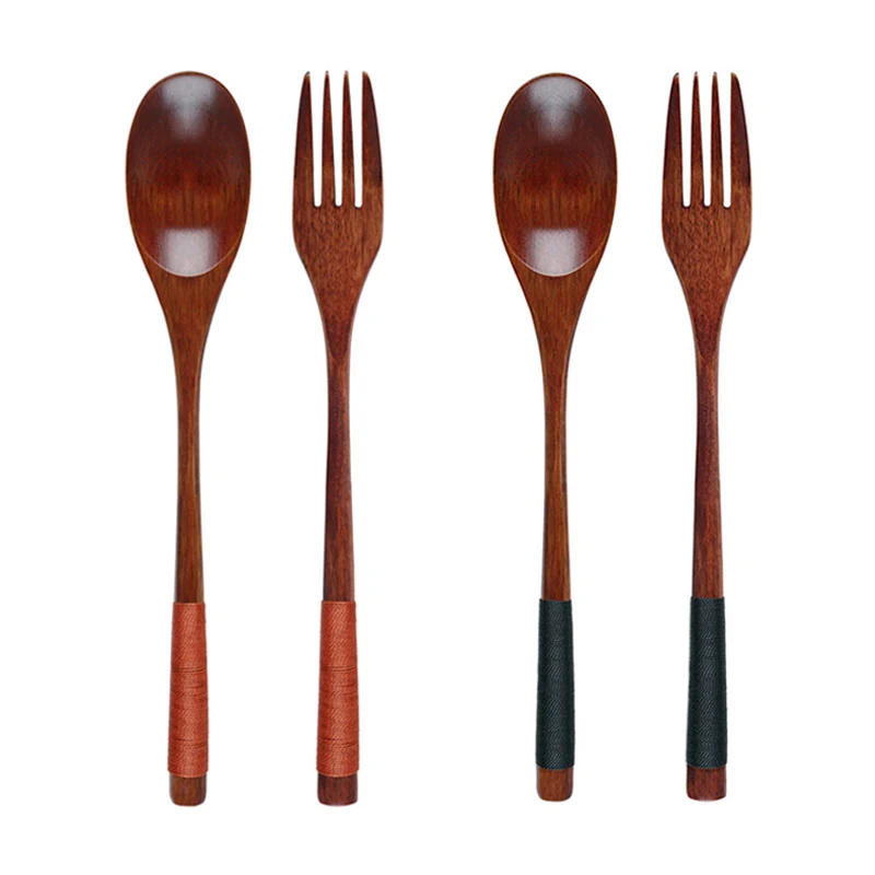 Description Picture 2 of item2Pcs Wooden Spoon Fork Dinnerware Set Long Wood Spoon and Fork Set Dessert Soup Spoon Dining Fork Portable Cutlery Tableware
