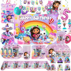 Gabby Dollhouse Birthday Party Decoration Toy Latex Balloon Disposable Tableware Backdrop Banner Event Supplies For Kids Girl