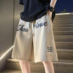 Summer Men Shorts Vintage Letter Printing Elastic Waist Drawstring Knee Length Sports Shorts Exercise Wide Leg Male Shorts