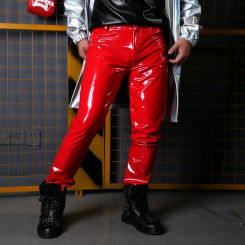 Punk Singer Dancer Stage Costume Leather Trousers Fashion Slim Fit Motorcycle Leather Pants Spring Men Red PU Leather Pants