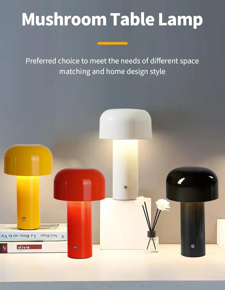 Description Picture 2 of itemCreative Mushroom Table Lamp Touch Switch 3 Colors Dimmable Desk Lamp Ambient Light Rechargeable Bedroom Restaurant Decor Lamp