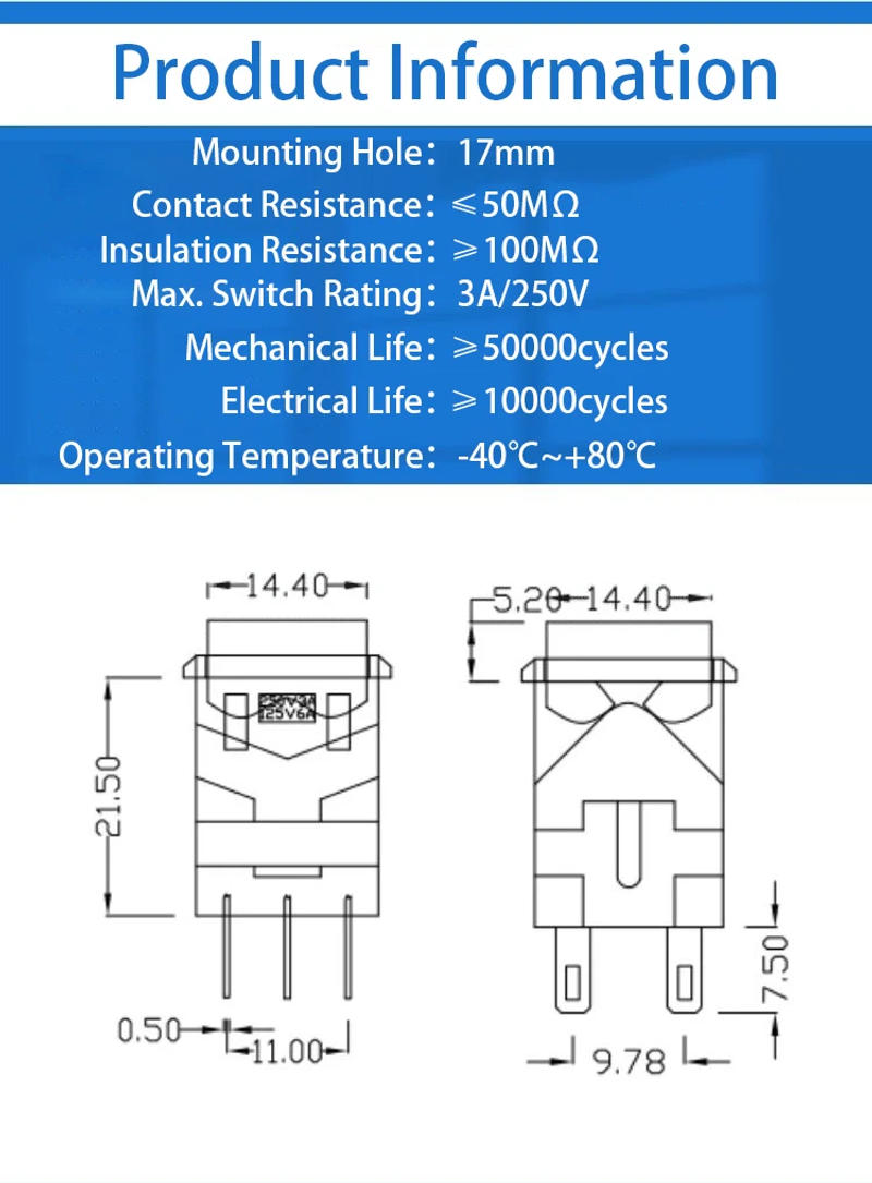 Description Picture 3 of item10PCS Momentary Latching KD2-21 22 23 24 Square Push Button Switch With LED Indicator 6PIN 8PIN 3A/250V 6A/125V ON-ON