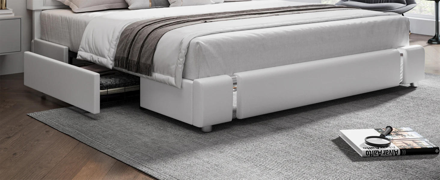 Description Picture 3 of itemFull Size Bed Frame with RGB LED Lights Headboard, 2 Storage Drawers, Upholstered Faux Leather, USB Ports, No Box Spring, White