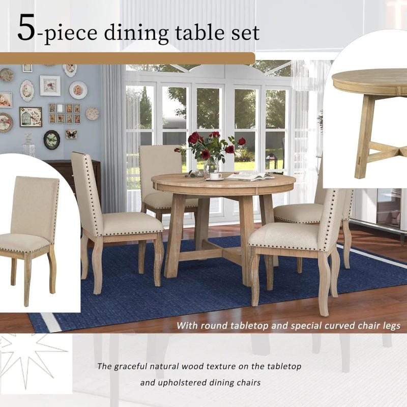 Description Picture 6 of item5 Piece Round Farmhouse Wood Dining Table Set with 4 Upholstered Chairs,Extendable Restaurant Furniture,for Kitchen Dinette