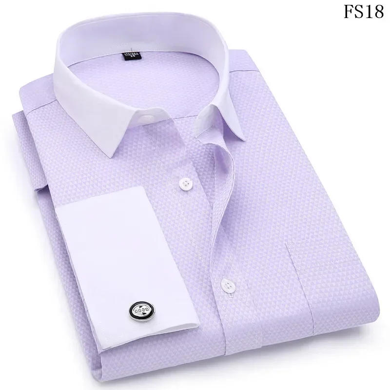 Description Picture 4 of itemLarge size Men French Cufflinks Shirts White Collar Design Solid Color Jacquard Fabric Male Gentleman Dress Long Sleeves Shirt