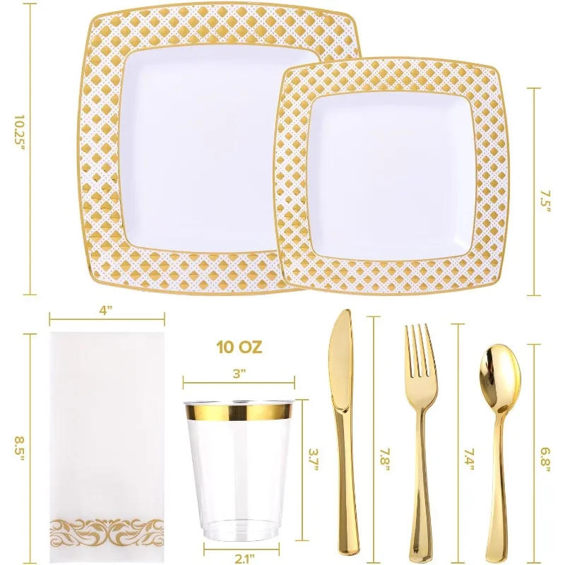 Description Picture 3 of item175 Piece Gold Dinnerware Set for 25 Guests- Square Plastic Plates with Diamond- Including Disposable 25 Dinner Plates