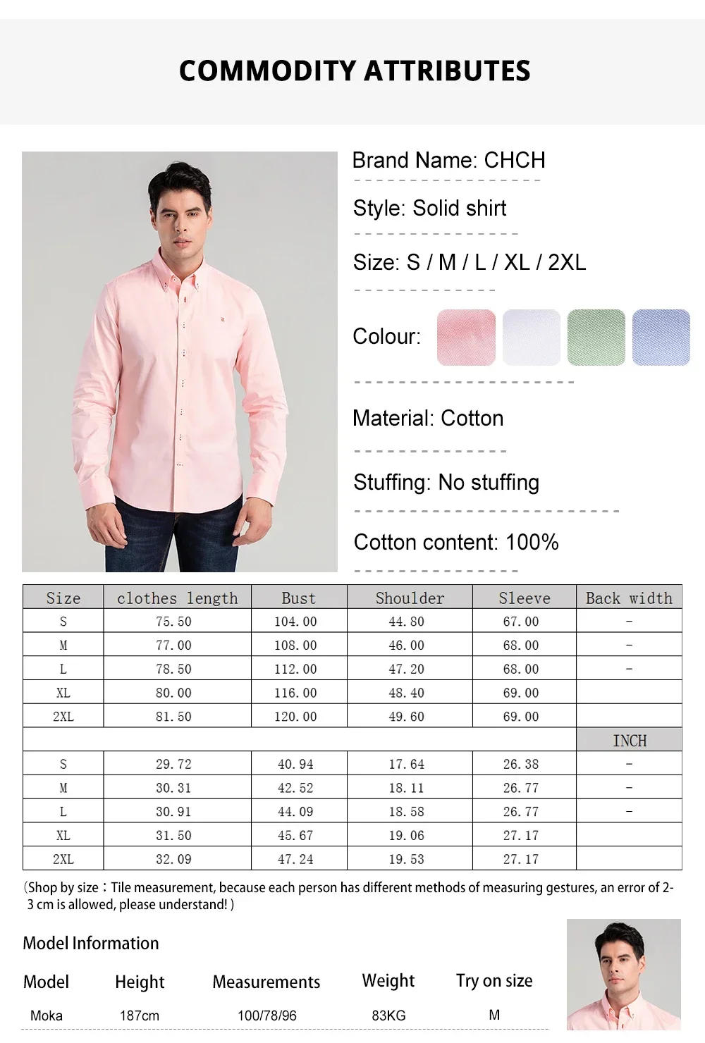 Description Picture 2 of itemNew Fashion 100% Cotton Long Sleeve Shirt Solid Slim Fit Male Social Casual Business Shirts High Quality