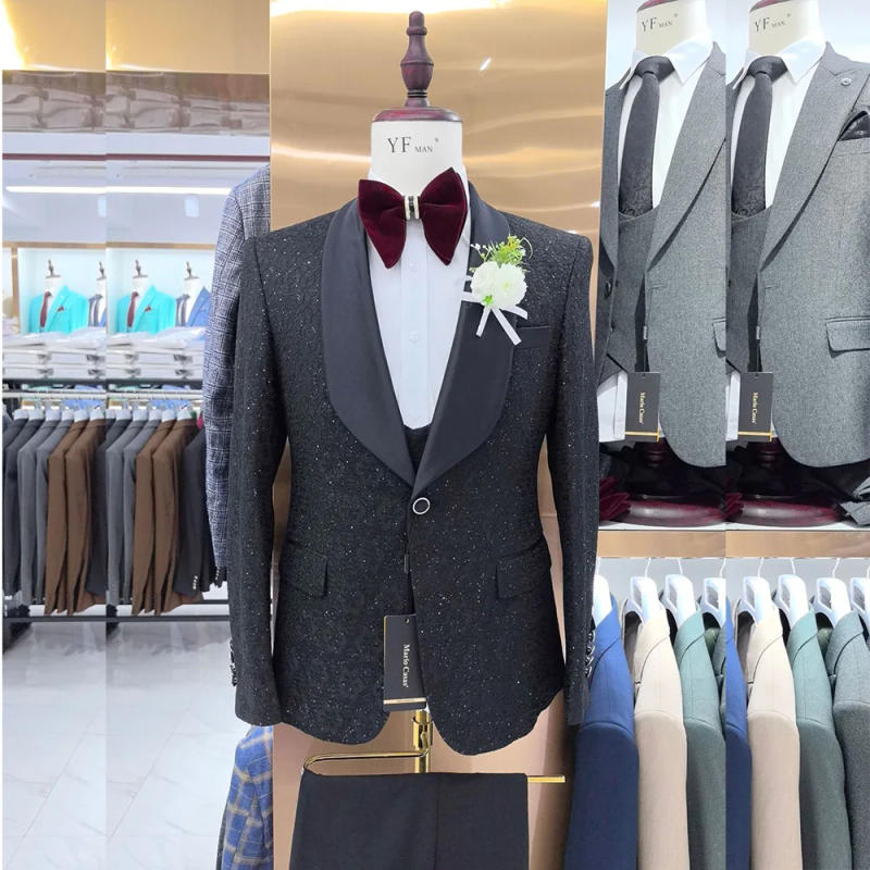 Description Picture 4 of itemWhite Wedding Suits for Men Jacquard One Button Black Shawl Lapel Elegant Groomsmen 3 Piece Jacket Pants Vest Slim Fit Full Sets