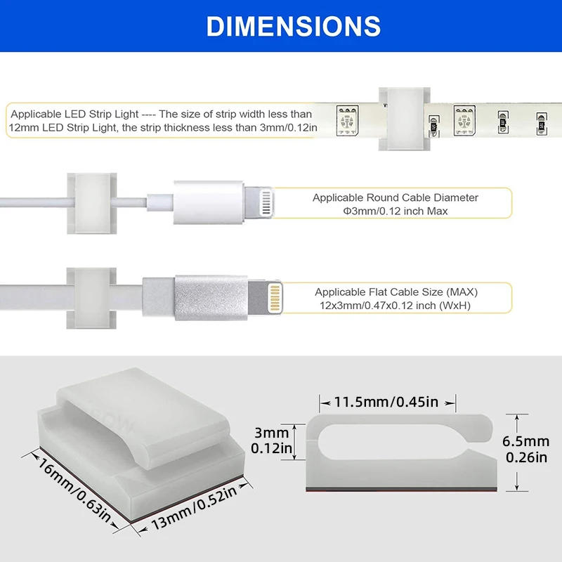 Description Picture 3 of item10pcs/30pcs/50pcs Self-adhesive Wire Bundle Holder Tie Mount Clip for10mm wide Fix LED Strip lights Connector Tie Mount Suitable