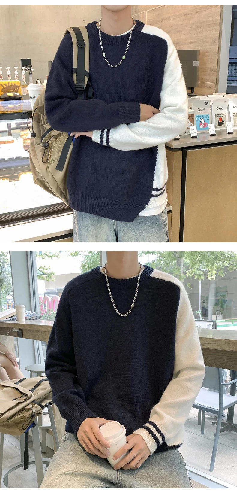 Description Picture 5 of itemNew 2024 Autumn Winter Men Fashion Round Neck Knitted Tops Male Loose Patchwork Jumpers Men's Long Sleeve Sweater Top S219