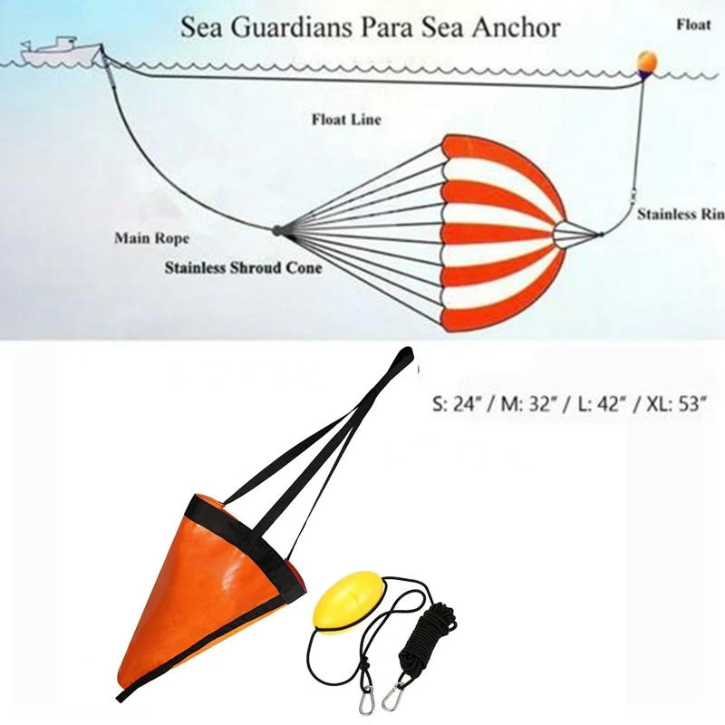 Description Picture 5 of item24/32/42/53'' Sea Drogue Anchor Float Marine Kayak Drift Rowing Boat Fishing Brake Lifeboat Anchor Yacht Traction Rope Buoy Ball