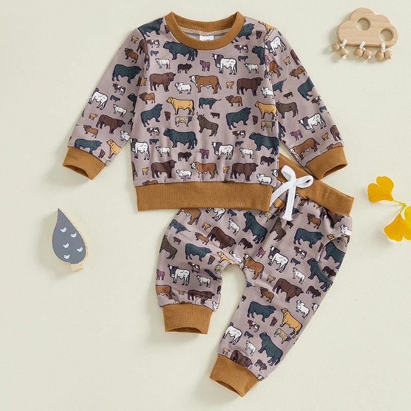 Description Picture 2 of itemToddler Boy Pants Set Cattle Print Long Sleeve Sweatshirt Drawstring Pocket Long Pants Outfits