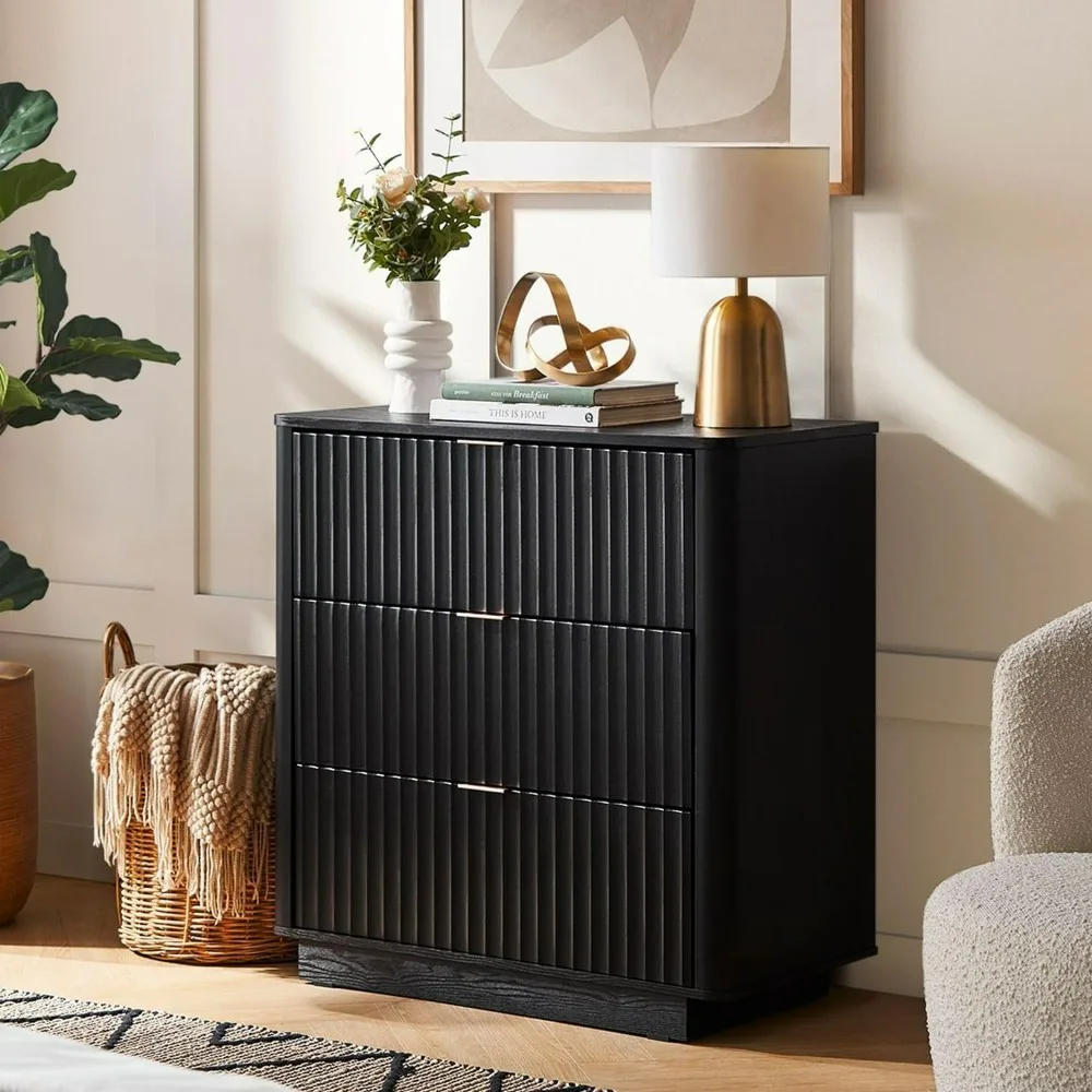 Description Picture 2 of item3 Drawer Nightstand for Bedroom, Mid Century Modern Wooden Chest of Drawers, Waveform Fluted Side Table, Enhanced Safety, Black