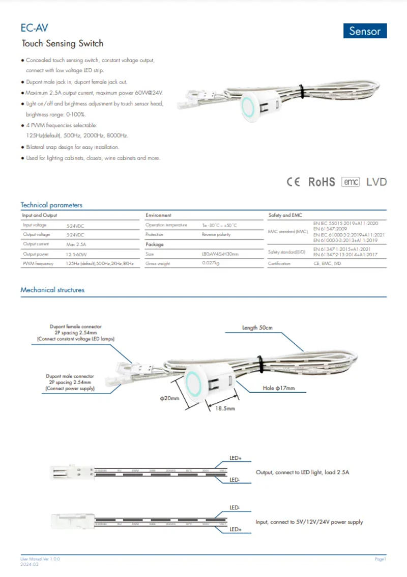 Description Picture 6 of itemDC5V-24V 2.5A Dimmer Sensor Touch Sensing Switch EC-AV Controller Conceal Touch Sensing Switch for Single Color Led Strip Light