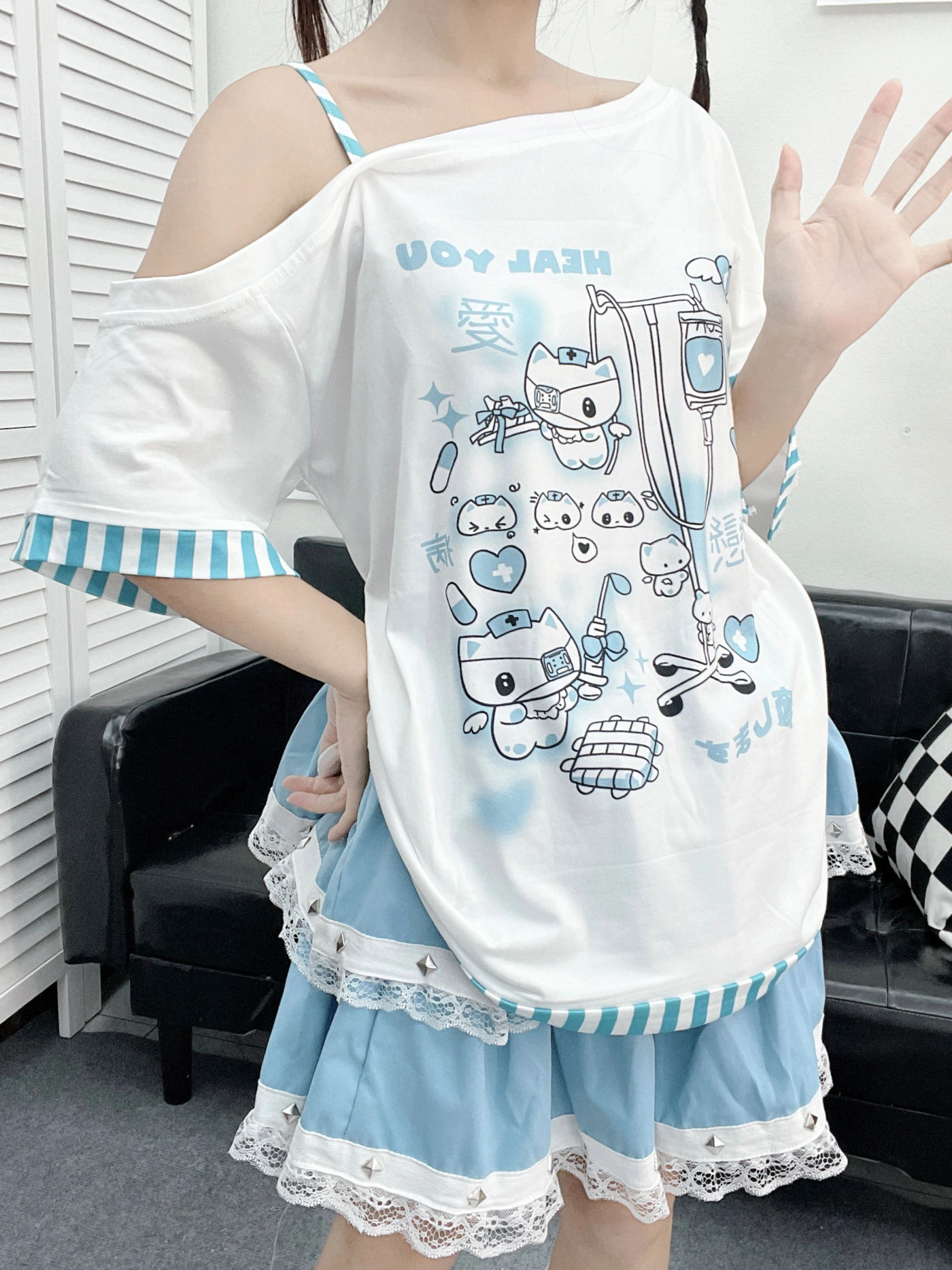 Description Picture 4 of itemGothic Woman Clothing Y2k Harajuku T-shirts Japanese Female Clothing Patchwork Kawaii Sweet Cartoon Print stripe y2k Clothes Top