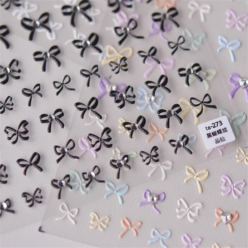 Description Picture 6 of item1sheet Japanese Kawaii Colorful White Line Bowknot 5D Black Self Adhesive Nail Art Decorations Stickers Ribbon Cute Decals DIY