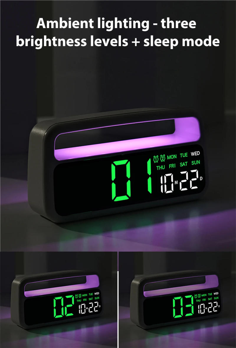 Description Picture 6 of itemDigital Alarm Clock with Ambient-Light Date Dual Alarms Electronic Table Clock Brightness Adjustment Sleep Mode Home LED Clocks