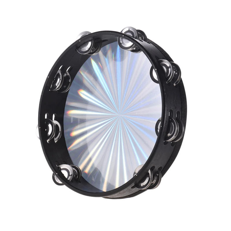 Description Picture 5 of item8/10 In Wooden Radiant Tambourine Handbell Hand Drum with Double Row Jingles Reflective Drum Head Musical Percussion Instrument