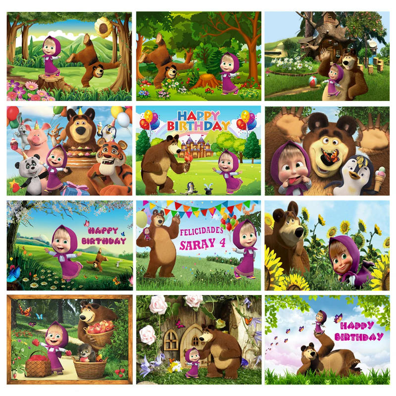 Description Picture 4 of itemDisney Mashas and Bear Theme Background for Children Birthday Party Baby Shower First Birthday Backdrop Party Decor Supplies