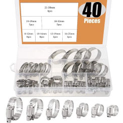 40Pcs Adjustable 8 to 38mm Diameter Clips Worm Gear Hose Clamp Assortment Kit for Various Pipes Automotive Mechanical Use