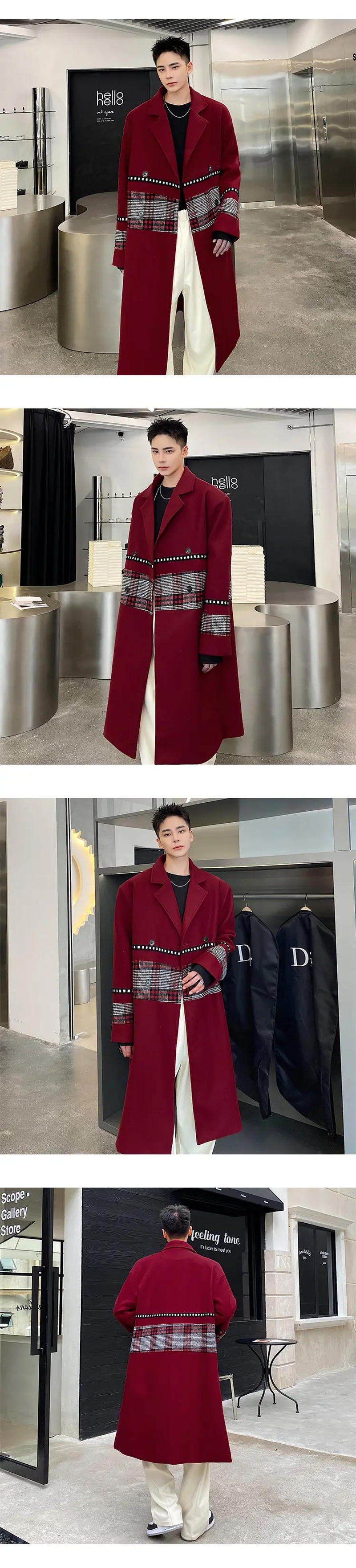 Description Picture 5 of itemDouble-sided Cashmere Coat Men Lapel Long Sleeve Thousand Bird Checker Patchwork Streetwear Long Style Casual Mens Woolen Coats