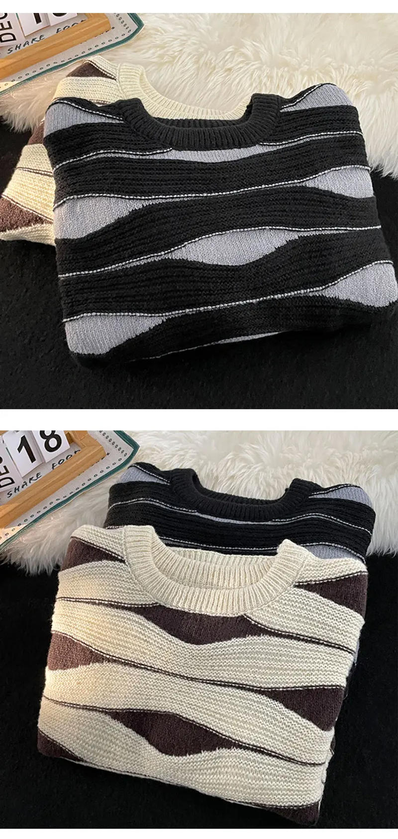 Description Picture 2 of item2024 Autumn Winter New Men Stripe Long Sleeve Jumpers Men's Fashion O-neck Sweater Tops Male Casual Warm Knitted Tops S268
