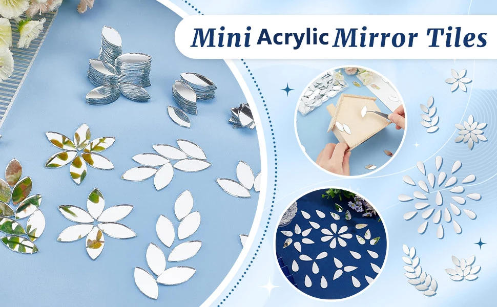 Description Picture 2 of item100pcs Teardrop & Leaf Shape Craft Mirror Stickers Acrylic Self-adhesive Mini Mirror Tiles DIY Art Wall Door Home Decorations