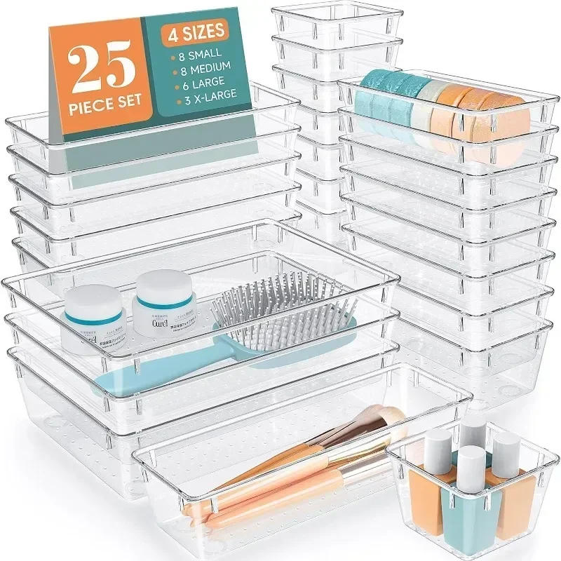 Description Picture 3 of item24/16/8/4pcs Drawer Organizers Set Clear Plastic Desk Dividers Bins Bedroom Dresser Office Storage Box for Makeup Gadgets
