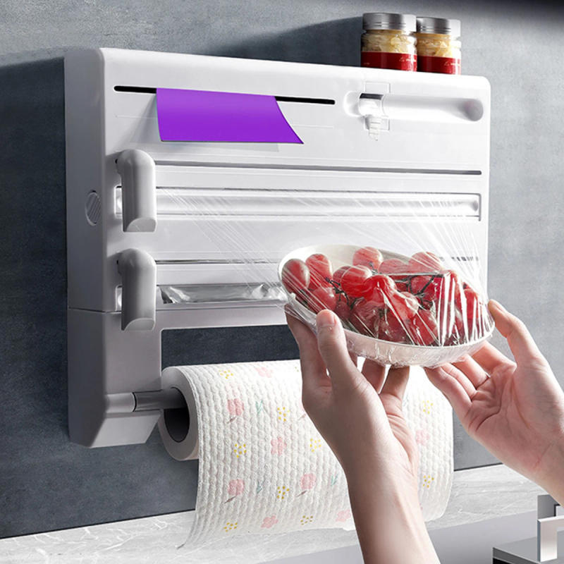 Description Picture 4 of item6 In1 Kitchen Wrap Dispenser Foil and Plastic Wrap Organizer with Roll Holder Wall Mounted Film Wrap Dispenser Easy Installation