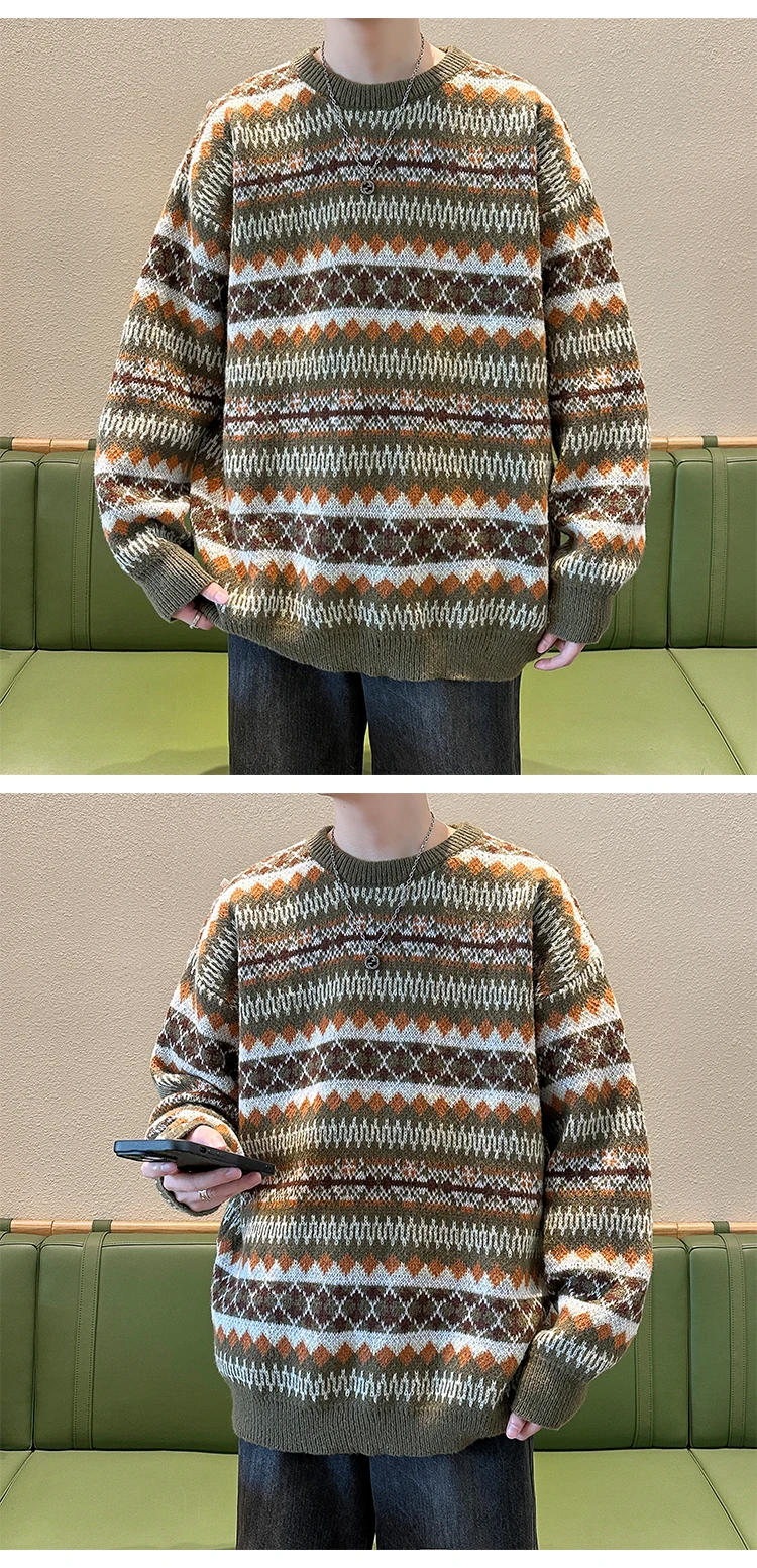 Description Picture 3 of item2024 Men Spring Autumn Korean Fashion Jacquard Sweater Tops Male Loose Striped Pullover Top Mens O-neck Knitted Jumpers S121