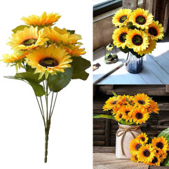 1 Bunch 7 Heads Artificial Sunflowers 29cm Shrubs Fake Flower Bouquet For Garden Bookstore Wedding Cafe Store Party Decor