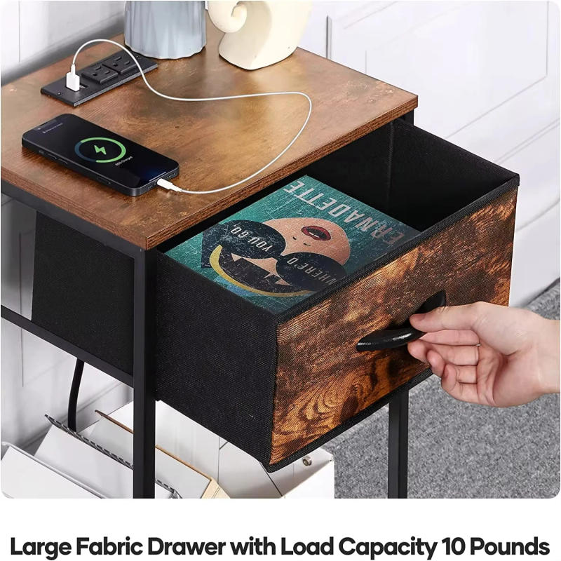 Description Picture 6 of itemNightstand End Table with Charging Station USB Ports Drawer Shelf Brown