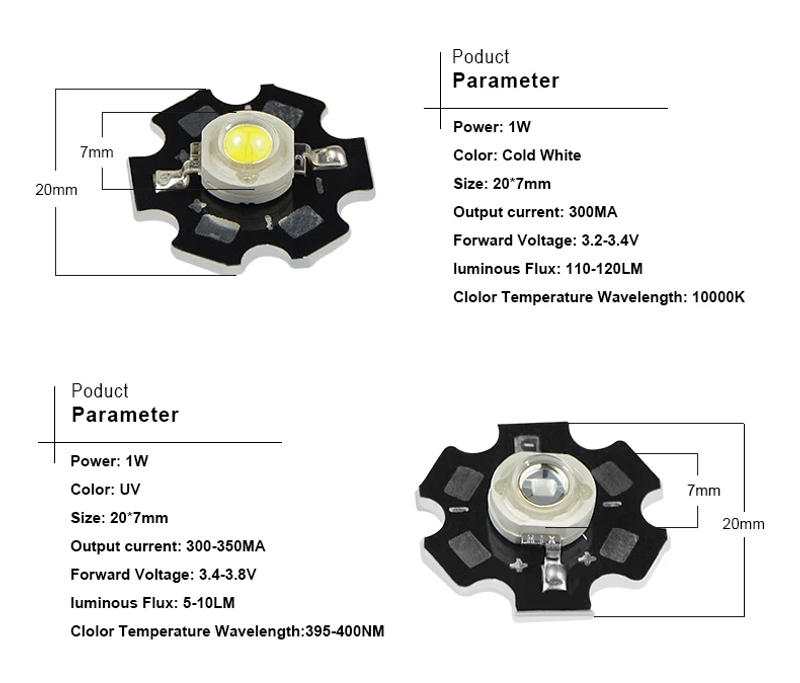 Description Picture 4 of item1W 3W High Power Chip Full Spectrum RGB UV Purple Light Bead Emitter LED Bulb Diodes Lamp Beads Star Diodes PCB Heat Sink