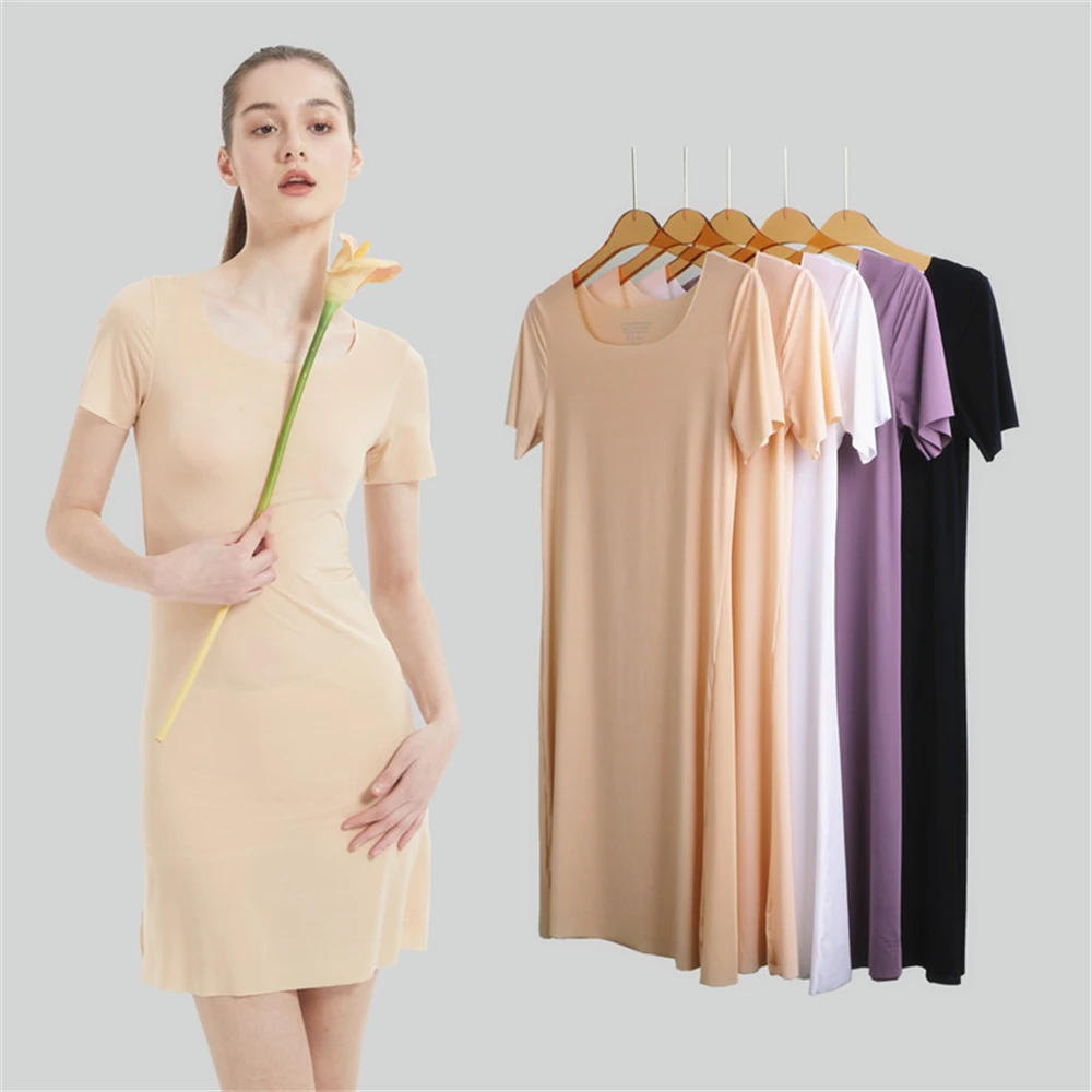 Description Picture 2 of itemsummer Seamless IceSilk Full Slips Dresses For Women Thin Short Sleeve Mini Cool Petticoat Underkirt Sleepwear under dress slip