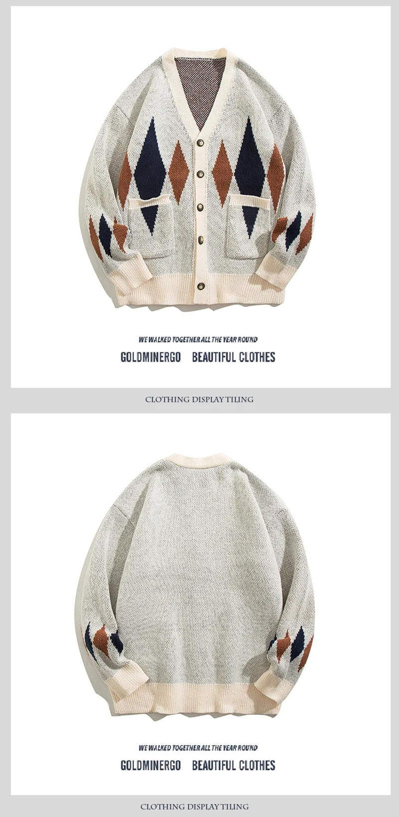 Description Picture 3 of itemMen's Diamond Cardigan Sweater Women V-neck Long Sleeves Autumn Winter Loose Casual Color Contrast Knitted Sweaters Jacket